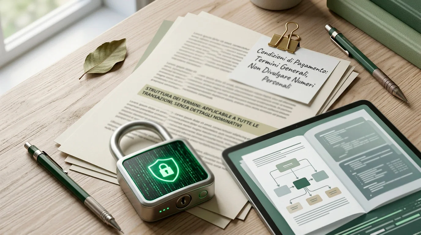 Carta generica, documento astratto e lucchetto digitale su un tavolo